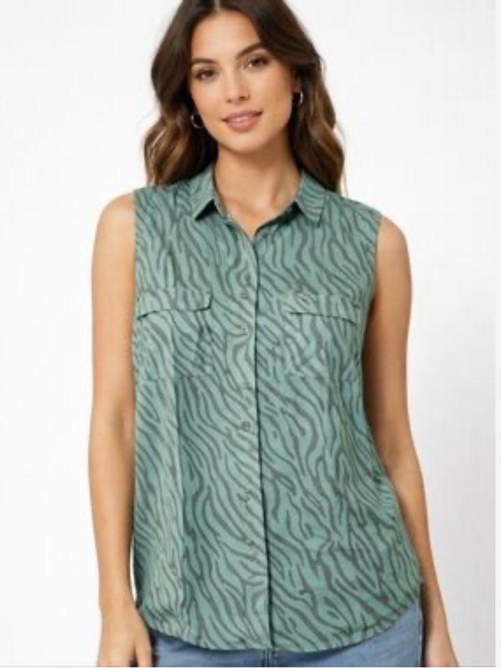 WILDFANG Sleeveless Green Zebra-Print Button Front Top Size: S